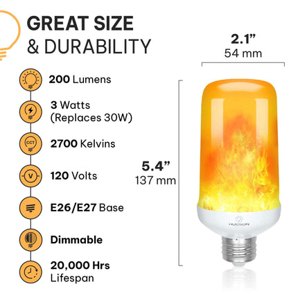 Hudson LED Halloween Lights - Flame Effect Light Bulbs with 4 Mode Upside Down Effect - 3W Flickering Flame Light Bulb E26/E27 Base (1 Pack) - Orange Fire Light Flame Bulb for Indoor/Outdoor/Home