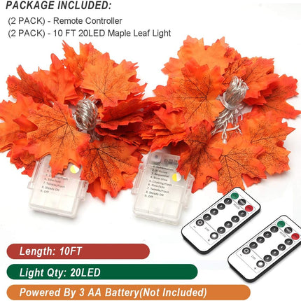 Coolrunner 2 Pack 10FT/20LED Maple Leaves String Light, Fall Garland Lights with Remote Control, Waterproof Battery Operated with 8 Modes for Home Indoor Outdoor Garden Party Decoration Thanksgiving C