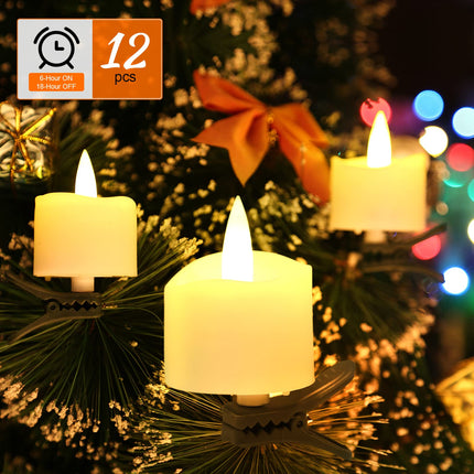 IMAGE Tealight Candles, LED Tealight Flicker Candles with Clips for Christmas Tree Decoration Timer Function Flickering, Battery Operated Flameless Tealight Candles, Pack of 12 Warm White