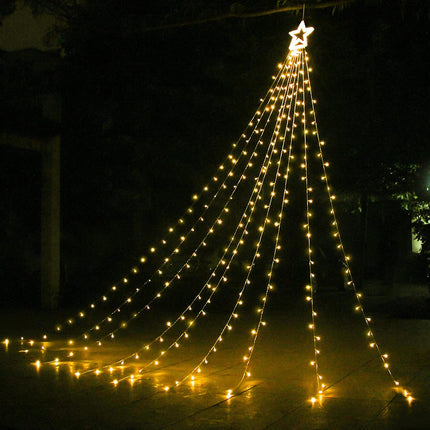 Christmas Decorations Star String Lights, 320 LEDs Outdoor Waterfall Tree Lights with 13" Topper Star, Plug in Waterproof Hanging Fairy Lights for Xmas Year Holiday Party Yard Decor (Warm White)