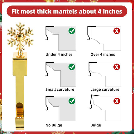 Set of 8 Christmas Stocking Holders for Mantle - Snowflake, Reindeer, Tree, Snowman, Bells, Wreath, Sleigh Ride - Perfect for Mantel Decoration Gold