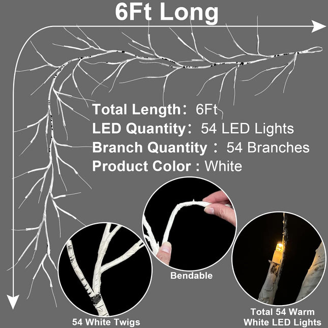 TURNMEON 6Ft 54 LED Lighted Birch Garland Prelit Branches with Timer 8 Modes Warm White Lights Battery Operated Prelit Twig Vine Garland for Mantle Fireplace Table Christmas Decorations Indoor Outdoor
