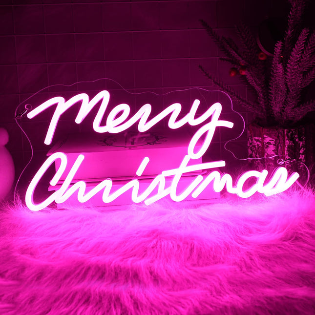 Shine Decor Merry Christmas Neon Sign, Dimmable USB & Battery Powered Pink Merry Christmas Light Up Sign, Christmas Decor for Year Bedroom Wall Birthday Party Window 15.75'x7.4''