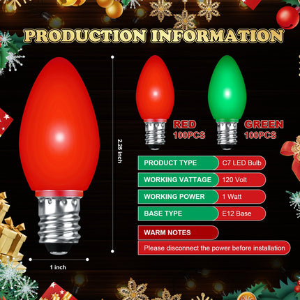 Retisee 200 Pcs C7 Led Light Bulbs Bulk Replacement Christmas Night Light Bulb Shatterproof 1W Mini Bulb E12 Candelabra Base Decor for Outdoor String Lights, Candle Lamps, XmasTree Patio(Red, Green)