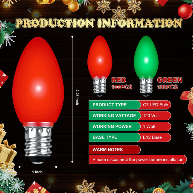 Retisee 200 Pcs C7 Led Light Bulbs Bulk Replacement Christmas Night Light Bulb Shatterproof 1W Mini Bulb E12 Candelabra Base Decor for Outdoor String Lights, Candle Lamps, XmasTree Patio(Red, Green)