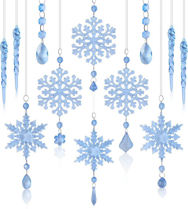 30 Pcs Silver Christmas Ornaments Icicle Ornaments Acrylic Snowflake Ornaments for Christmas Tree Christmas Icicles Crystal Ornaments Chandelier Drop Ornament with Crystal Line for Xmas Decor (Blue)