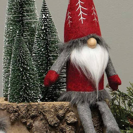 Gnome with Embroidered Tree Wired Hat, Wood Nose, White Beard, Arms and Floppy Legs, 18 Inches - Christmas Decoration