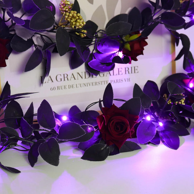 RECUTMS Halloween Flower Garland Decorations Rose Vines with Purple LED Artificial Vine Plants Flowers Wreaths Fake Flower Garland Fake Ivy Real Touch Silk Plastic Leaf for Wedding Home (Red)