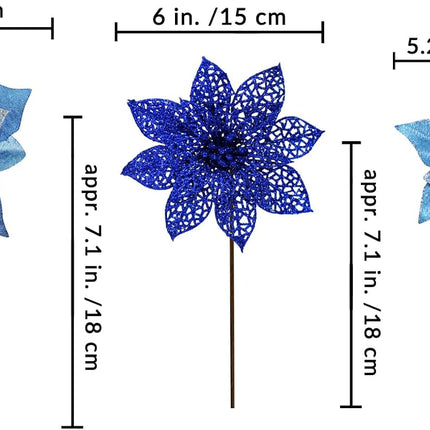 Winlyn 24 Set 3 Styles Christmas Blue Glitter Poinsettia Flowers Picks Christmas Tree Ornaments for Blue Christmas Tree Wreaths Garland Holiday Seasonal Wedding Decorations White Box Included