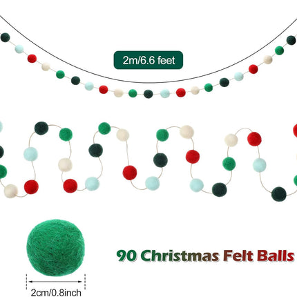 3 Pieces Christmas Felt Balls Garland Wool Pom Pom Garland Ball Banner for Christmas Party Holiday Decoration (Red, White, Green, Lake Green, Dark Green)