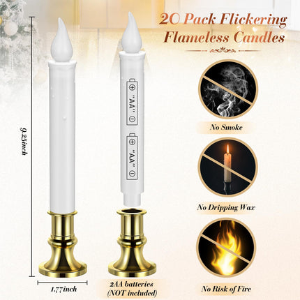 Yungyan 20 Pieces Christmas Window Candle Lights with Sensor Dusk to Dawn Battery Operated LED Candles Bulk Flameless Candles Flicker Flame for Xmas Holiday Party Decorations (Gold Base)
