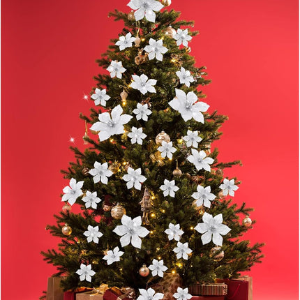 100 Pcs 3 Size Christmas Poinsettia Artificial Flowers Glitter Faux Wedding Flowers Christmas Flower Decoration Ornaments for Christmas Tree Xmas Party DIY Wreath Garland Year Decor(Silver)