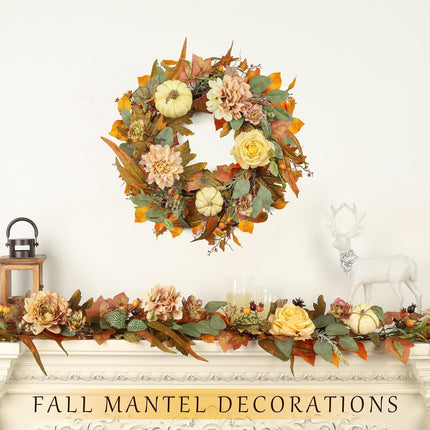 Fall Wreath, Pumpkin Fall Wreaths for Front Door, 22 inch Autumn Wreath for Indoor Outdoor Harvest Festival Thanksgiving Christmas and Fall Decorations