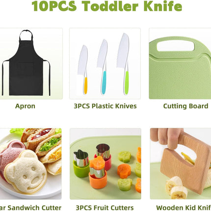 10Piece Toddler Knife Set Kids Safe Knives For Real Cooking, Montessori Kitchen Tools With Cutting Board, Apron, Sandwich Cutter