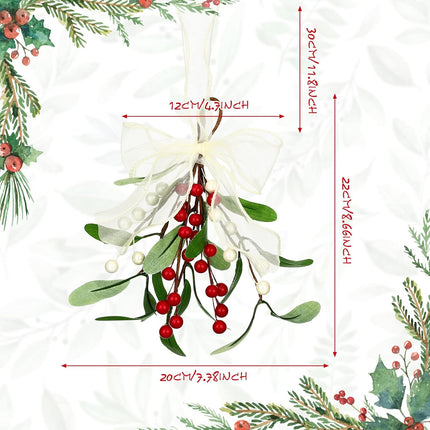 Artificial Mistletoe Pick Mistletoe Christmas Decoration with Berries and White Ribbon Bow Faux Mistletoe Hanging Mistletoe Kissing Ball for Christmas Tree Ornament Party Decor (Red White,2 Pieces)