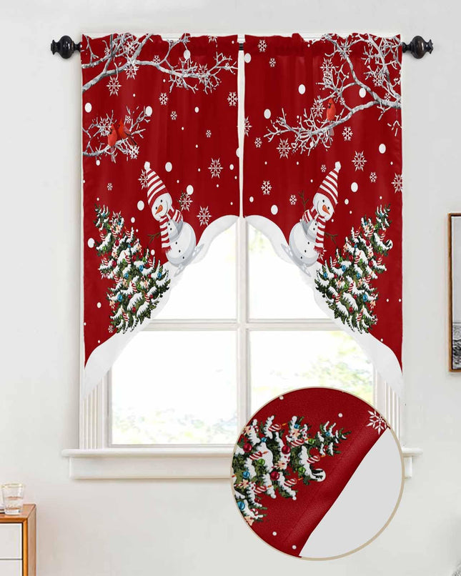 Christmas Swag Curtains,Snowman Kitchen Swag Curtains Xmas Tree Rod Pocket Valances Tier Pair Swag Topper,Bird Branch Snowflake Red 2 Panels Window Treatment for Bathroom Living Room Bedroom