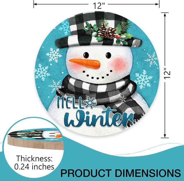Deroro Hello Winter Snowman Blue Front Door Sign, Buffalo Plaid Check Snowflakes Wood Door Hanger Outdoor Outside Porch Decor, Christmas Holiday Seasonal Wooden Wreath Indoor Wall Hanging Decoration