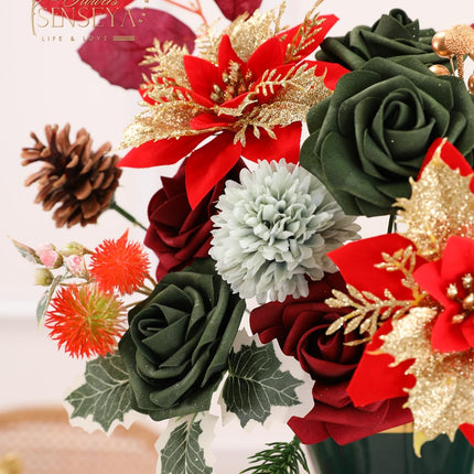 Senseya Artificial Christmas Flowers Poinsettia Combo Set, Mix Silk Flowers Fake Roses with Stems, for DIY Tree Ornaments Xmas Wreath Floral Arrangements Centerpieces Home Christmas Decorations