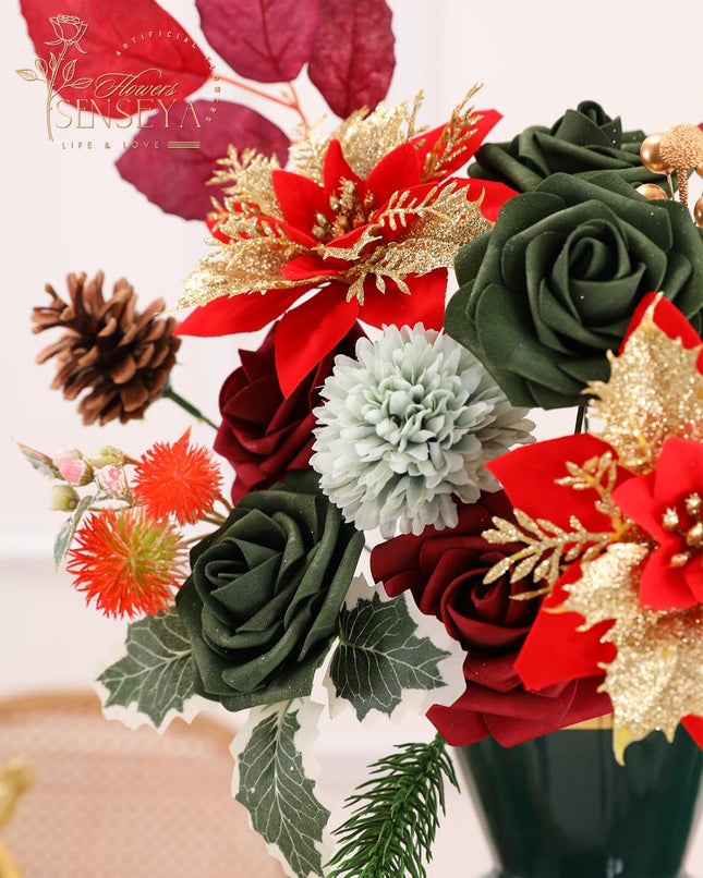 Senseya Artificial Christmas Flowers Poinsettia Combo Set, Mix Silk Flowers Fake Roses with Stems, for DIY Tree Ornaments Xmas Wreath Floral Arrangements Centerpieces Home Christmas Decorations
