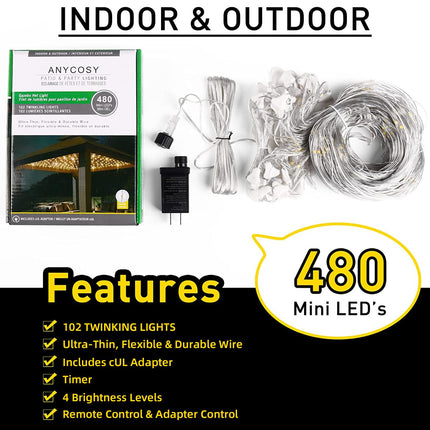 Anycosy Christmas Net Lights Outdoor, 10ft x10ft 480 LED Gazebo Lights with Remote, Timer Dimming Bush Mesh Lights Waterproof for Wedding Tent Canopy