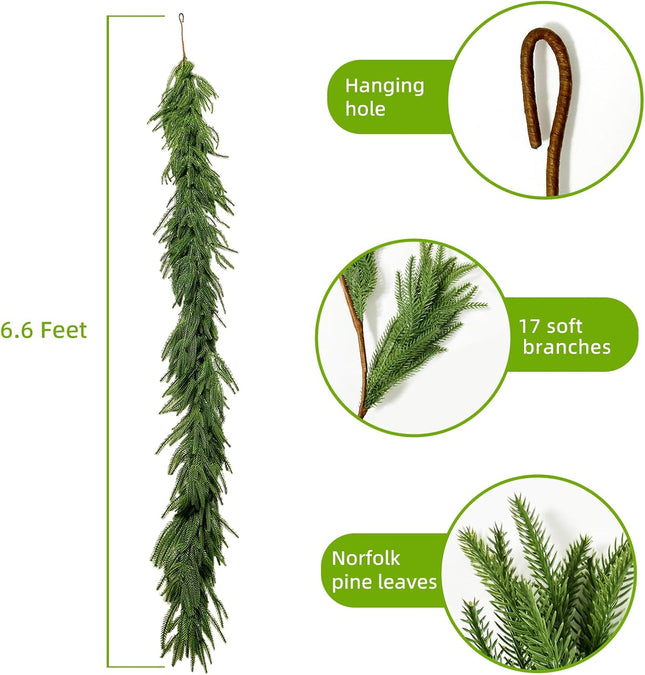 2 Pcs 6.6 Ft Artificial Norfolk Pine Garland Real Touch Pine Garland Artificial Greenery Pine Garland Realistic for Table Christmas Mantle Staircase Home Decoration Indoor Outdoor Winter Decor