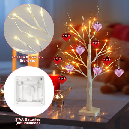 2Pcs Valentine 24'' Tabletop Birch Tree, Timing White Birch Tree with 24 LED Lights Battery Powered, Artificial Valentine Tree Set of 10 Heart Ornaments for Valentine's Day Table Decor Home Indoor