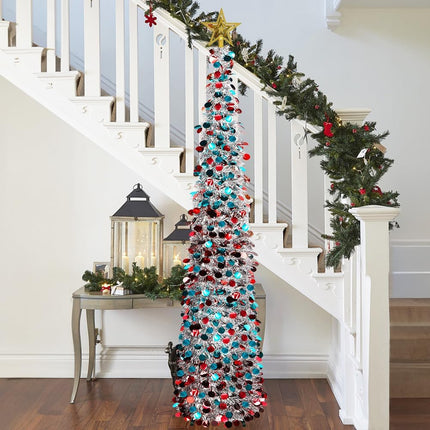 QUIENKITCH 6FT Pop Up Christmas Tinsel Tree, Collapsible Artificial Pencil Tree, Slim Xmas Trees with Topper Star for Indoor Fireplace Home Party Christmas Decor