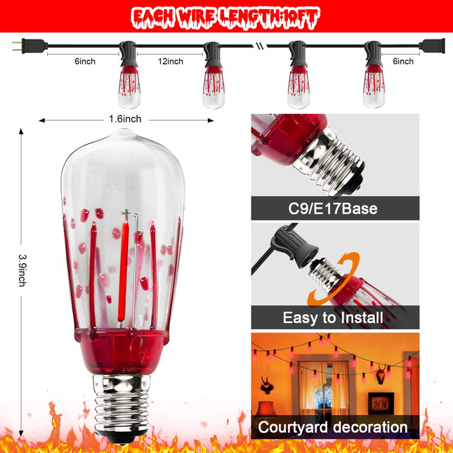 10Ft Halloween LED String Light with Red Blood Tear Drops, Halloween Decorations Lights with 10 ST40 LED Bulbs, Outdoor Halloween Spooky Lights for Patio, Balcony, Party, Halloween Decoration, Black