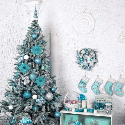 Winlyn 24 Pack Christmas Teal Glitter Poinsettia Flowers Picks Christmas Tree Ornaments 5.9" Wide for Teal Christmas Tree Wreaths Garland Holiday Seasonal Wedding Decorations White Box Included