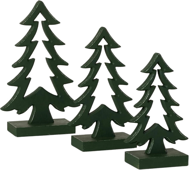 Sullivans Green Wooden Tree Set of 3, Christmas Centerpiece Farmhouse Tabletop Decor, Indoor Christmas Holiday Decoration Rustic Shelf Decor, Wood Trees for Mantel, Sizes 10", 11.75", and 13.75"