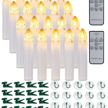 Homemory 20 PCS LED Window Candles with Remote Timer, Battery Operated Flameless Taper Christmas Candles Light with Clips/Suction Cups, Flickering Warm White Light, Dia 0.7''x 4''