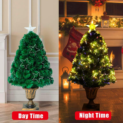 3Ft Fiber Optic Artificial Christmas Tree with Lighted Copper Wire Stars and Tree Topper, Potted Pre-lit Christmas Tree for Entrance Proch Yard Front Door