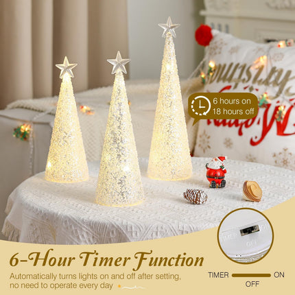 Lewondr LED Glass Christmas Tree Tabletop with Glitters & Beads Warm Yellow Light, 3 PCS 6H Timer Battery Operated Christmas Table Lamps Ornaments for Xmas Table Decorations Holiday Season Decor