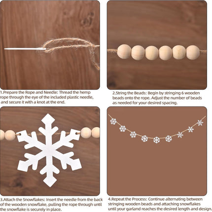 Wooden Christmas Decorations Garland with Snowflakes, Boho Christmas Decor Rustic Wood Garland, DIY Wooden Bead Xmas Garland Decor Winter Banner Decor for Tree Mantle Fireplace Wall (White)