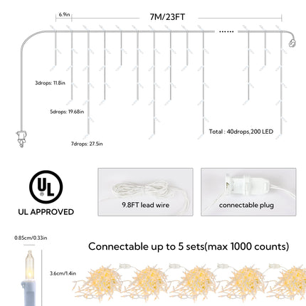 200 Christmas Icicle Lights, Warm White Clear Bulbs with 23FT Long White Wire, Professional Grade String Lights for Indoor & Outdoor,Xmas,Party, Patio, Courtyard, Window, Fence, Trees Decor
