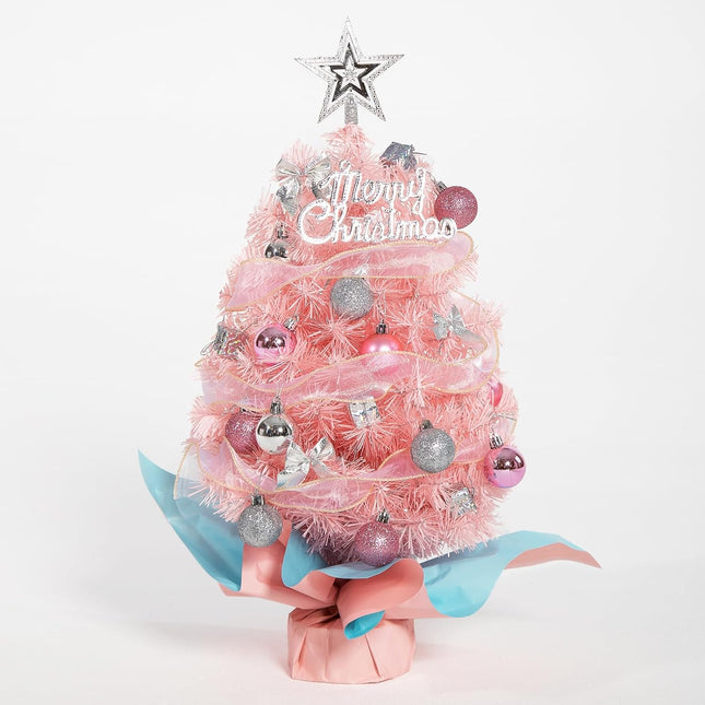 Small Mini Pink Christmas Tree with Light,24Inch/2Ft Tabletop Miniature Pine Christmas Tree with Hanging Ornaments, Battery Operated Artificial Girl Xmas Tree, Best DIY Christmas Holiday Decoration