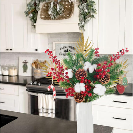 HUAESIN 17PCS Artificial Christmas Flowers in Vase Red Berry Picks Stems Faux Pine Branches with Pinecones for Christmas Holiday Xmas Home Season Decor Xmas Wreath DIY Craft