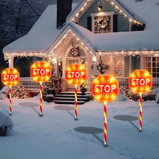 MUMTOP 5 Pack Santa Stop Here Christmas Decorations, Battery Operated Pathway Christmas Stake Lights, Outdoor Christmas Lights for Lawn Yard Garden