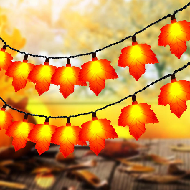 Abeja Orange Maple Leaf String Lights, 8.5FT Fall Decor Garland Maple Leaf Lights, Lighted Garland for Thanksgiving Christmas Halloween Decor, Indoor Outdoor Decorations
