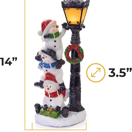 VP Home Christmas Snowman Decor Christmas Figurines Resin Snowman Lighted Decorations Indoor Glowing Lamppost Trio Wreath LED Holiday Light Up Snowman Indoor Festive Fiber Optic Decorations