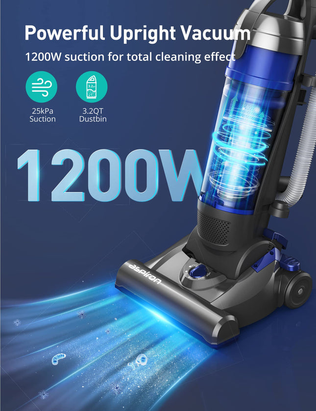 Upright Vacuum Cleaner, Aspiron 1200W 25Kpa 5Mode Bagless Vacuum Cleaner With Crevice Tool & Extension Wand,3L Dust Cup With Hepa Filter, Upright Vacuum For Carpet, Pet Hair,Hard Floor,Tile Particles