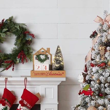Christmas Tree Countdown Block LED Lighted 99 Days Until Christmas Wreath Calendar Tabletop Number Date Rustic Wooden Home Decor Holiday Xmas Ornament Desk Decoration