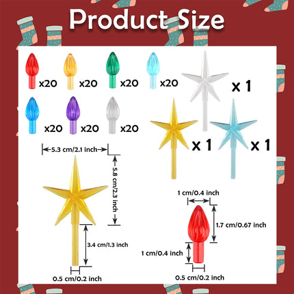 Ceramic Christmas Tree Replacement Light Bulb Set, 140Pcs Multicolor Ceramic Christmas Tree Replacement Bulbs Medium Twist Light Ornaments and 3Pcs Topper Stars for Ceramic Christmas Tree