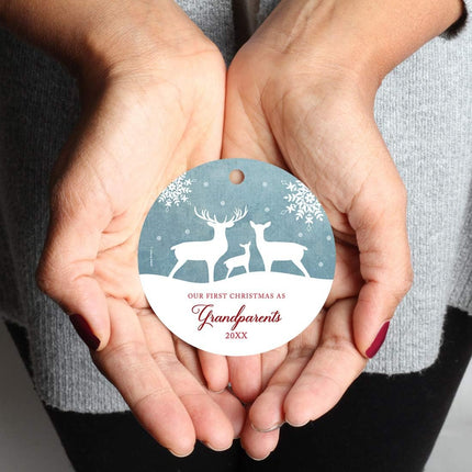 Andaz Press Family Metal Christmas Ornament, Our First Christmas As Grandparents , Rustic Deer Winter Snowflakes, 1-Pack, Includes Ribbon and Bag Grandparents Ornament