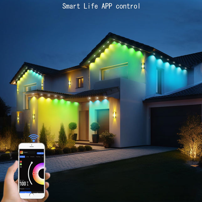 Permanent Outdoor Christmas Lights for House Roof, Year Round 100ft RGB+IC Outdoor Lights with 63 Scene,IP67 72 LED Eaves Lights for Holiday, Christmas, Daily Lighting, Smart Life APP Control