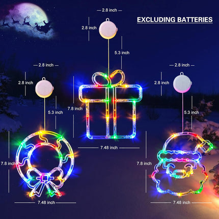LOLStar Christmas Decorations 3 Pack Wreath, Box, Santa Claus Christmas Window Lights with Suction Cups, Battery Operated Christmas Lights, Slow Fade Mode and Timer Function
