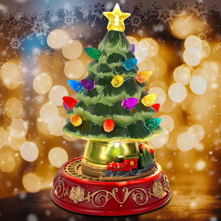 innodept12 Lighted Christmas Tree with Rotating Train - Prelit Tabletop Samll Tree Decor Animated Christmas Train with Top Star & Bulbs for Best Xmas Decoration