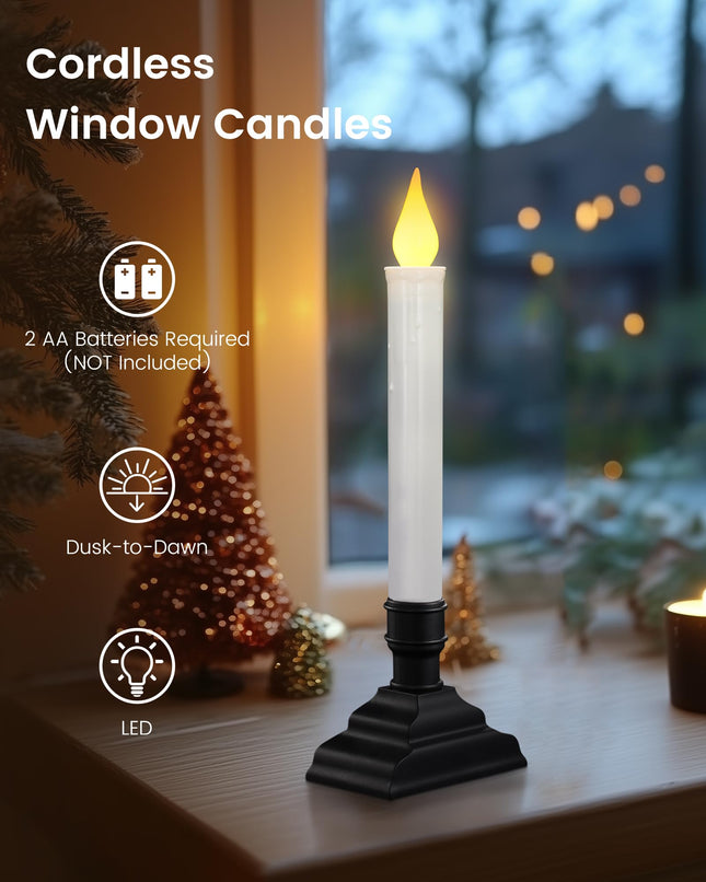 SURAIELEC 4 Pack Battery Operated Window Candles, Dusk-to-Dawn Window Lights with Removable Candle Holders, LED Flameless Candlesticks for Christmas Window, Mantel, Dining Table, Matte Black