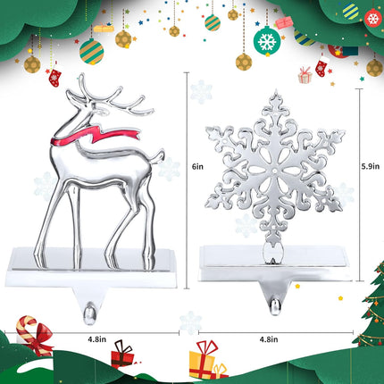 Christmas Stocking Holders, Set of 2 Snowflake & Reindeer Silver Stocking Holder, Weighted Personalized Christmas Stockings Hanger for Mantel, Stocking Hooks for Mantle Fireplace Christmas Decorations
