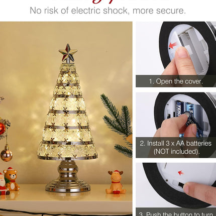 Lewondr Christmas Tree Lamp, 14 Inch Battery Powered Crystal Treetop Lighted Christmas Tree Decorative Light LED Lamp, Handmade Glass Tabletop Christmas Tree Ornament for Home Party , Silver